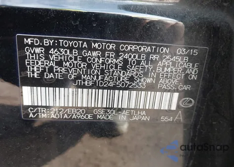 2015 Lexus Is 250 z USA, uszkodzony, nr VIN JTHBF1D24F5072533